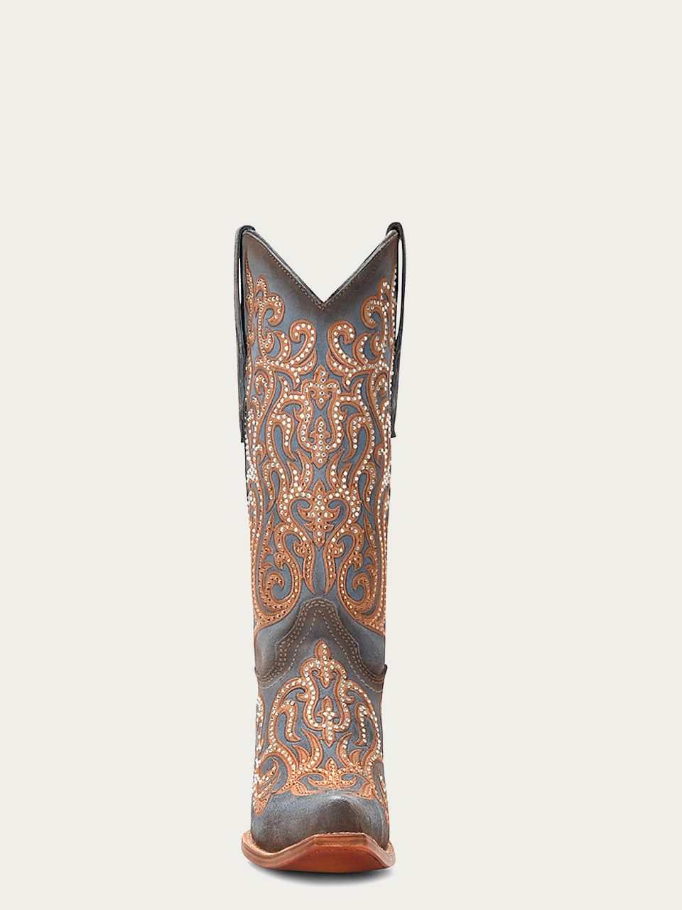 Women's Corral Blue Genuine Leather Boots with Overlay & Embroidery & Crystals featuring ornate tan paisley embroidery