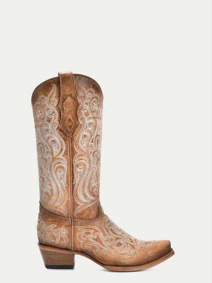 Women's Corral Blue Leather Boots with Liminiscent featuring tan leather material and detailed white embroidery with a snip toe and stacked heel