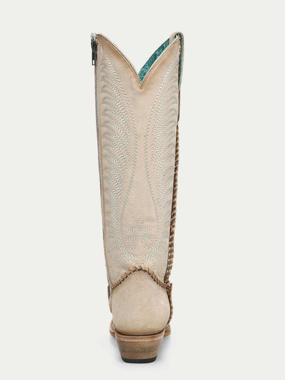 Women's Corral Bone Genuine Leather Boots in pale bone leather with ornate stitched embroidery, teal lining and low stacked heel