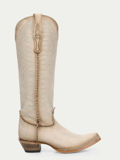 Women's Corral Bone Genuine Leather Boots in pale bone leather with perforated embroidery, woven stitching and stacked heel