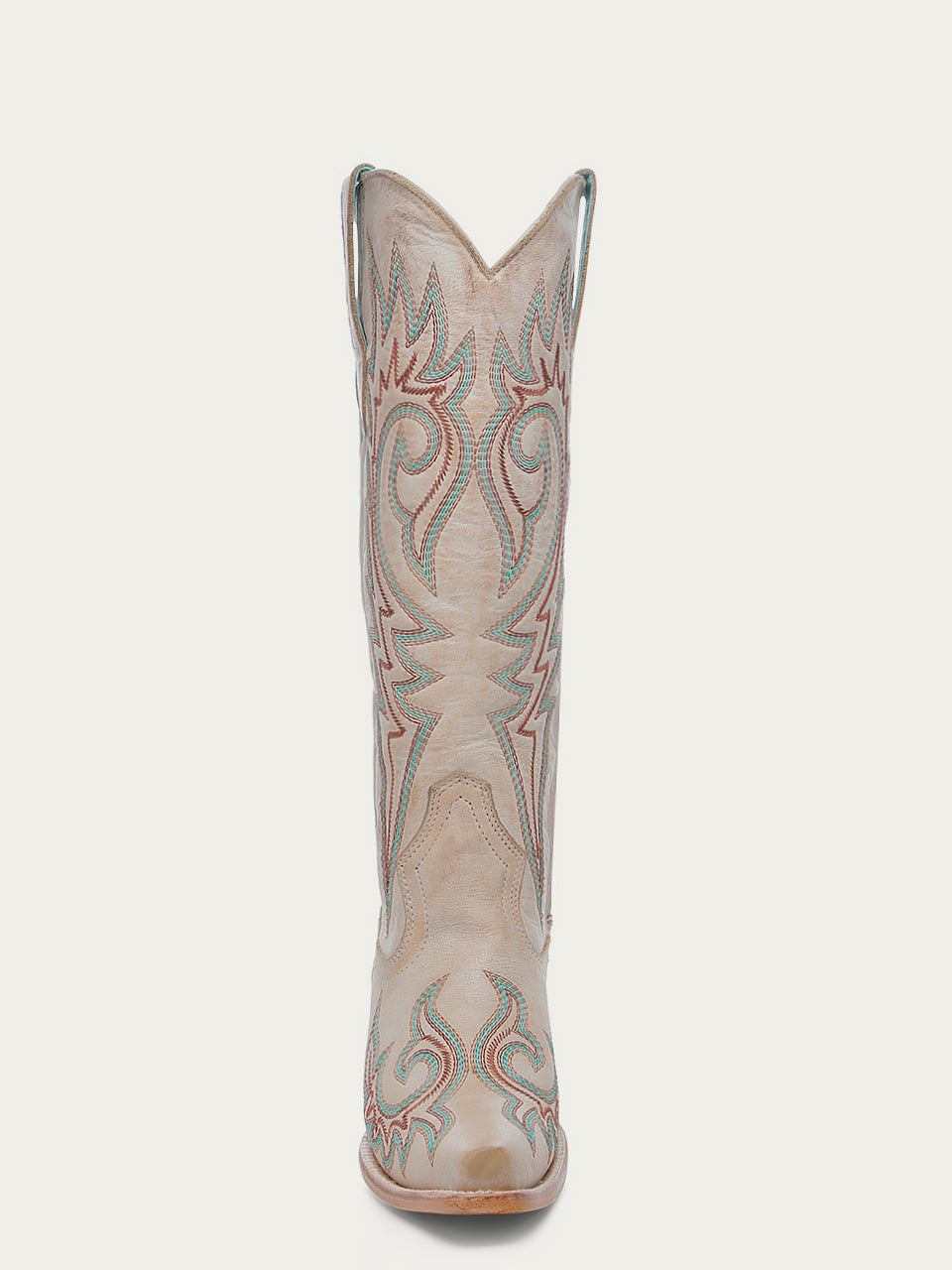 Women's Corral Bone Genuine Leather Boots with Embroidery featuring bone leather with red and blue stitched embroidery on tall shaft and snip toe
