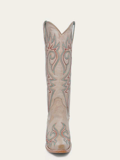 Women's Corral Bone Genuine Leather Boots with Embroidery featuring bone leather with red and blue stitched embroidery on tall shaft and snip toe