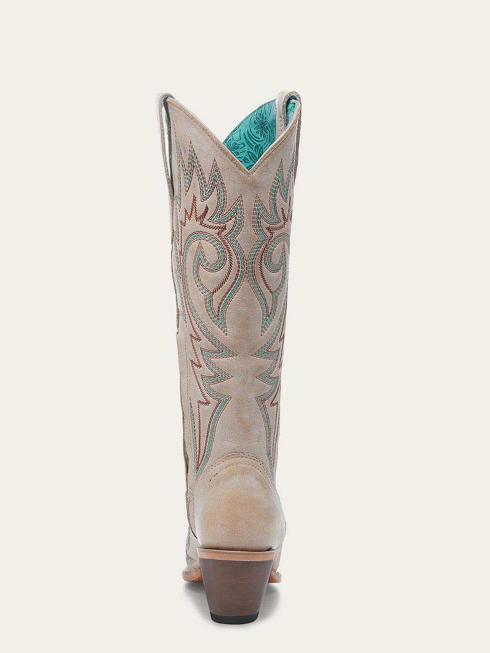 Women's Corral Bone Genuine Leather Boots with Embroidery in bone color featuring red and blue detailed embroidery on a tall 15-inch shaft and a 3-inch stacked heel
