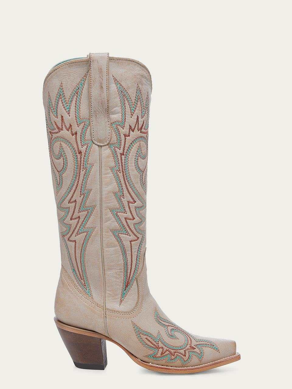 Women's Corral Bone Genuine Leather Boots with Embroidery in bone color featuring red and blue intricate stitching and a snip toe