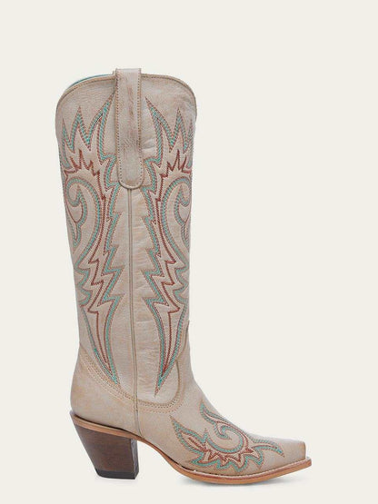 Women's Corral Bone Genuine Leather Boots with Embroidery in bone color featuring red and blue intricate stitching and a snip toe