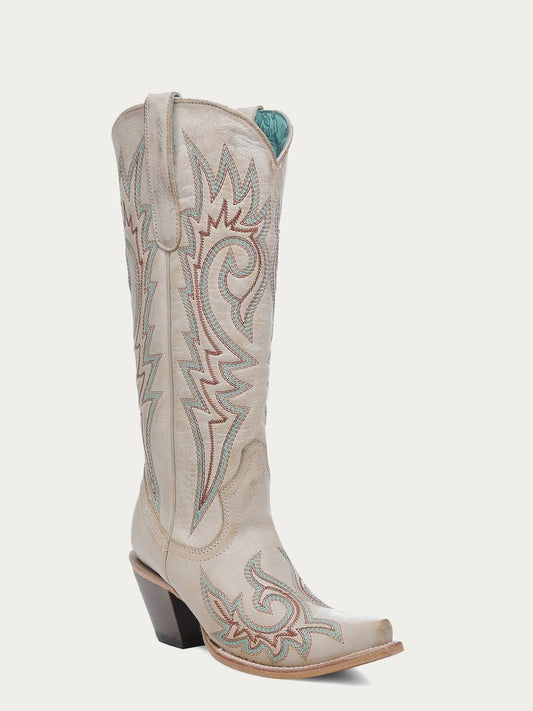 Women's Corral Bone Genuine Leather Boots with Embroidery featuring tall 15-inch bone leather shaft with red and blue intricate embroidery and 3-inch stacked heel