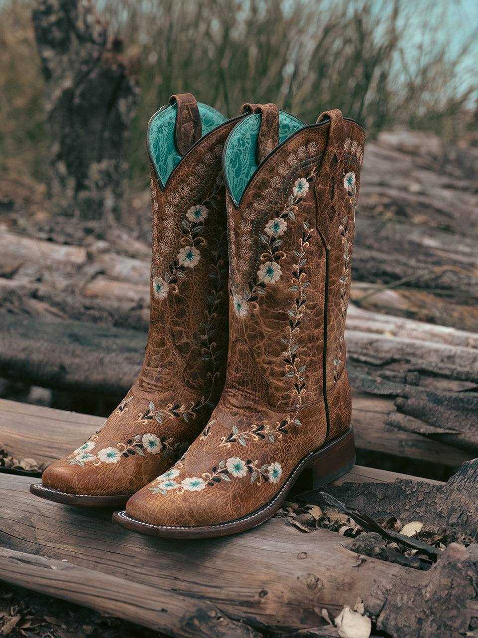 Women's Corral Boots Glow in The Dark in distressed cognac leather with floral embroidery and square toes