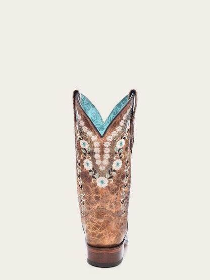 Women's Corral Boots Glow in The Dark cognac leather western boot with floral embroidery and pull-on straps