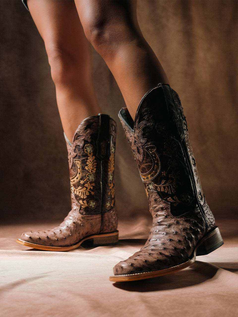 Women's Corral Brown Genuine Full Quill Ostrich Boots with Horseshoe, floral embroidery and ornate shaft detailing