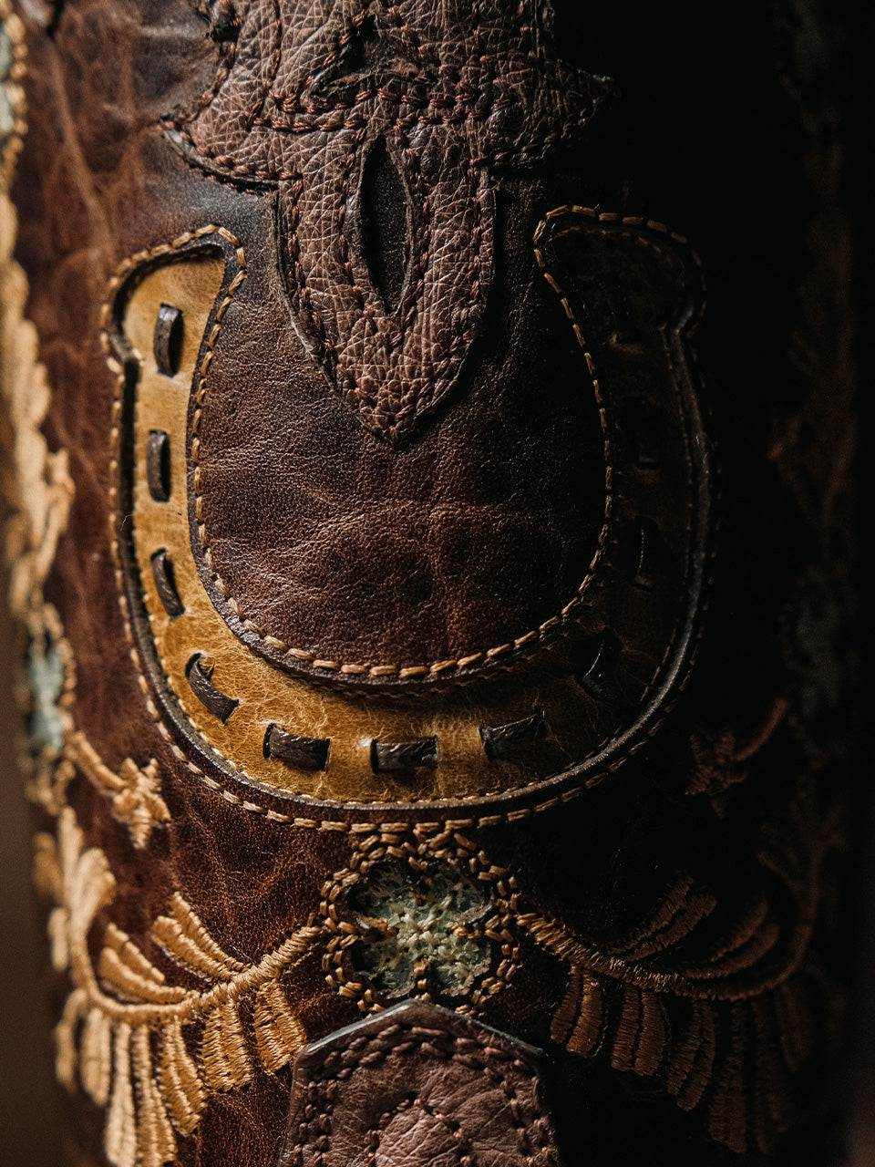 Women's Corral Brown Genuine Full Quill Ostrich Boots with Horseshoe, brown ostrich leather with horseshoe overlay and floral embroidery