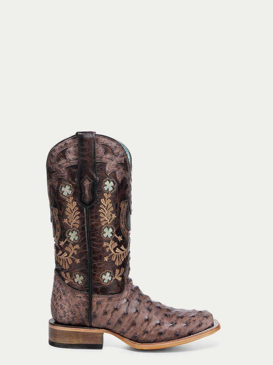 Women's Corral Brown Genuine Full Quill Ostrich Boots with Horseshoe, floral embroidery and square toe