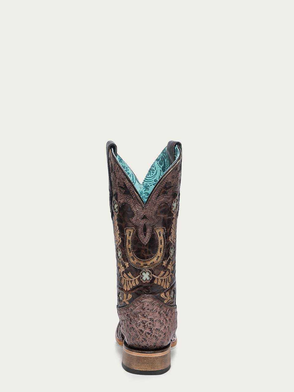 Women's Corral Brown Genuine Full Quill Ostrich Boots with Horseshoe featuring floral embroidery and handwoven details