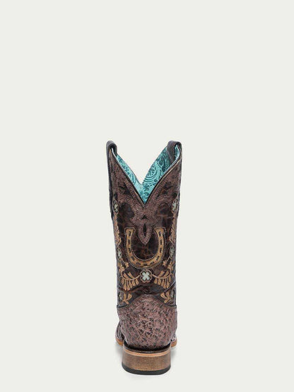 Women's Corral Brown Genuine Full Quill Ostrich Boots with Horseshoe featuring floral embroidery and handwoven details