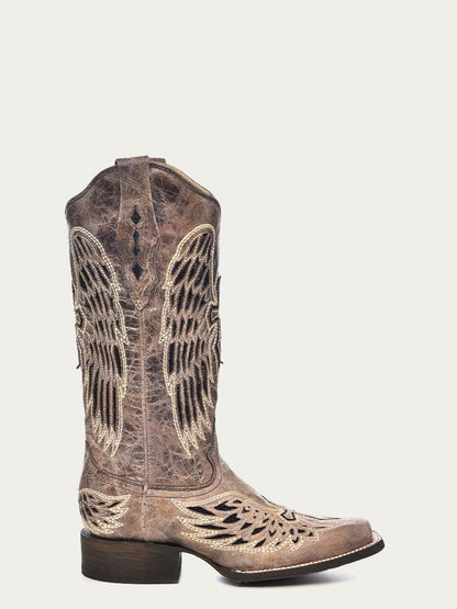 Women's Corral Brown Genuine Leather Boots with Black Wing & Cross, brown leather Western boot with wing embroidery