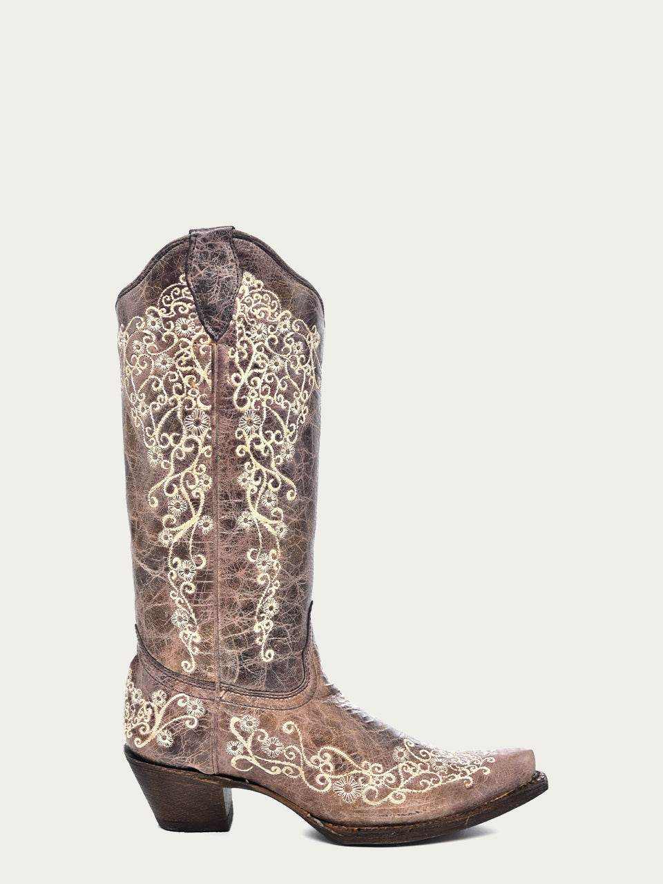 Women's Corral Brown Genuine Leather Boots with Crater Bone, brown leather western boot with ornate cream embroidery and snip toe
