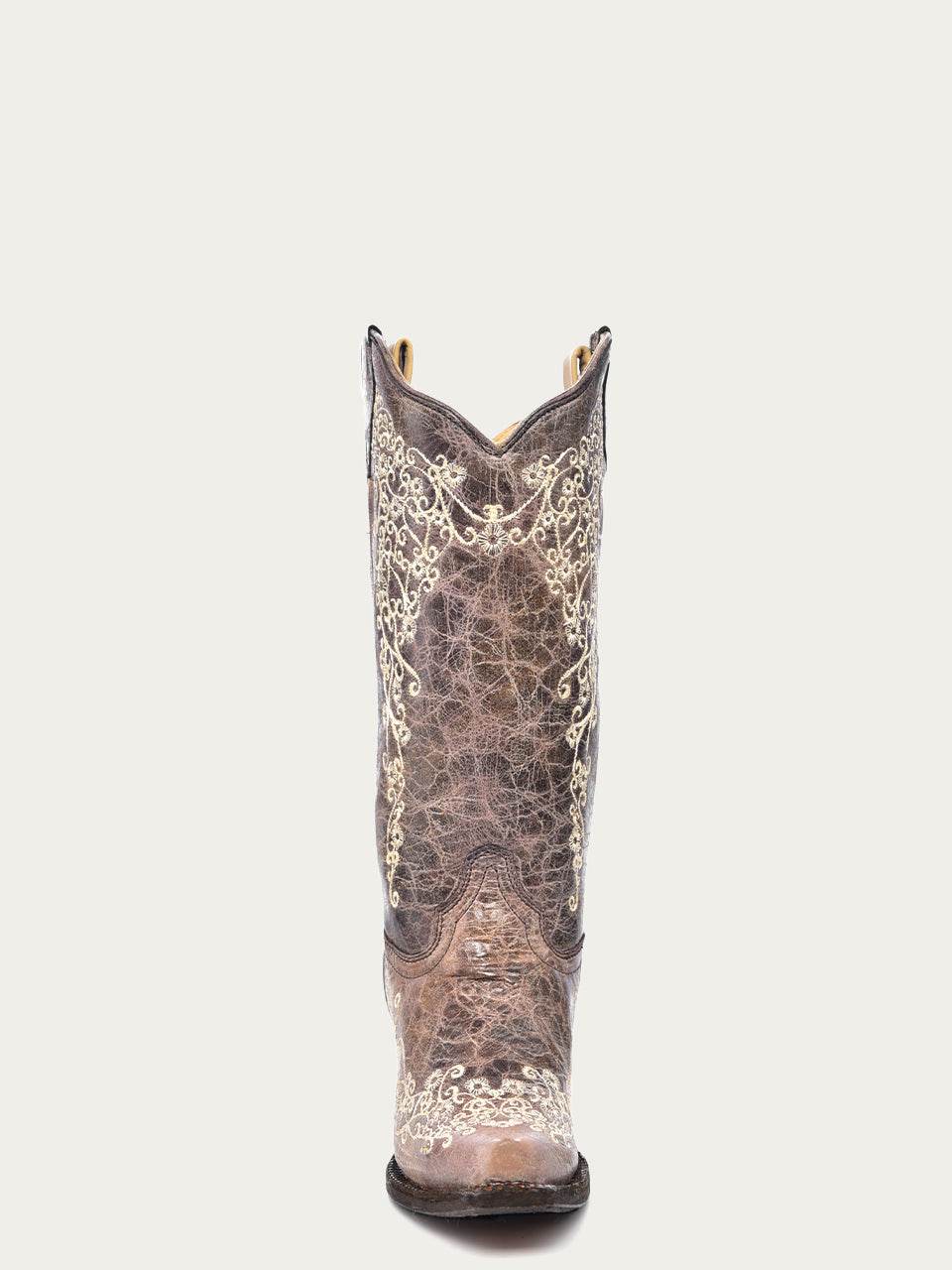 Women's Corral Brown Genuine Leather Boots with Crater Bone, distressed brown leather with ornate cream embroidery