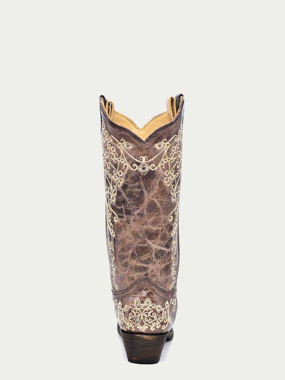 Women's Corral Brown Genuine Leather Boots with Crater Bone, brown leather shaft with ornate cream embroidery and stacked heel