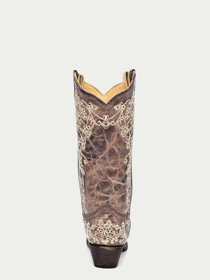 Women's Corral Brown Genuine Leather Boots with Crater Bone, brown leather shaft with ornate cream embroidery and stacked heel