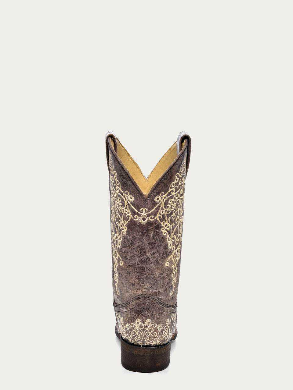 Women's Corral Brown Genuine Leather Boots with distressed brown leather and cream floral embroidery on a tall shaft