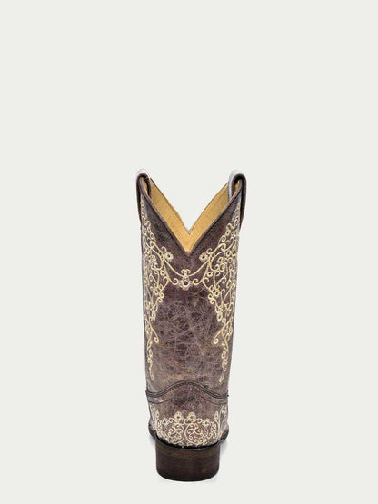 Women's Corral Brown Genuine Leather Boots with distressed brown leather and cream floral embroidery on a tall shaft