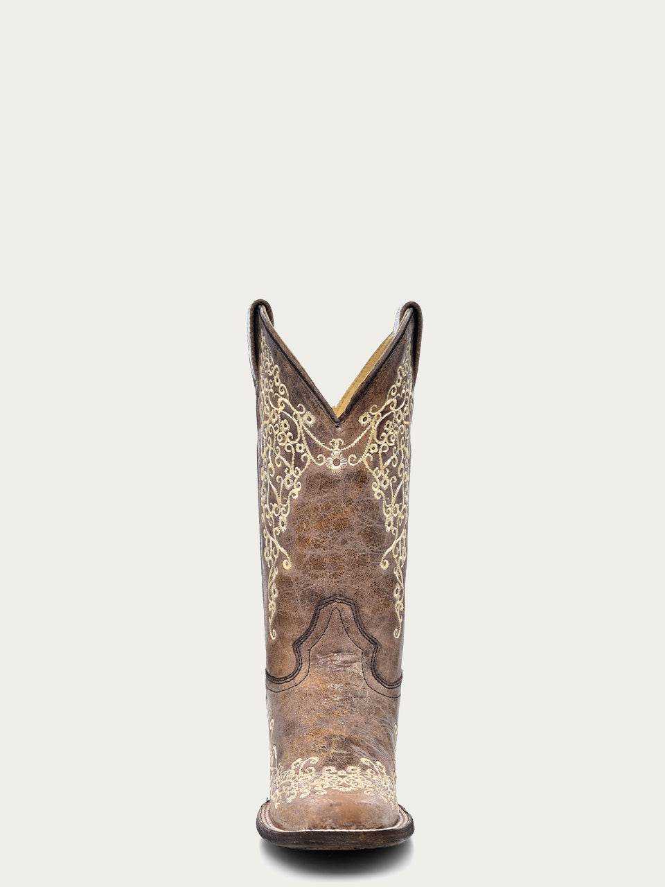 Women's Corral Brown Genuine Leather Boots in distressed brown leather with cream floral embroidery and square toe