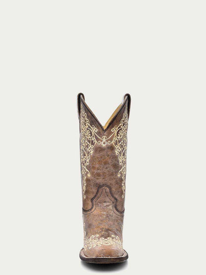 Women's Corral Brown Genuine Leather Boots in distressed brown leather with cream floral embroidery and square toe