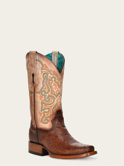 Women's Corral Brown Genuine Leather Boots with tan leather shafts, brown patterned foot, and turquoise and orange embroidery