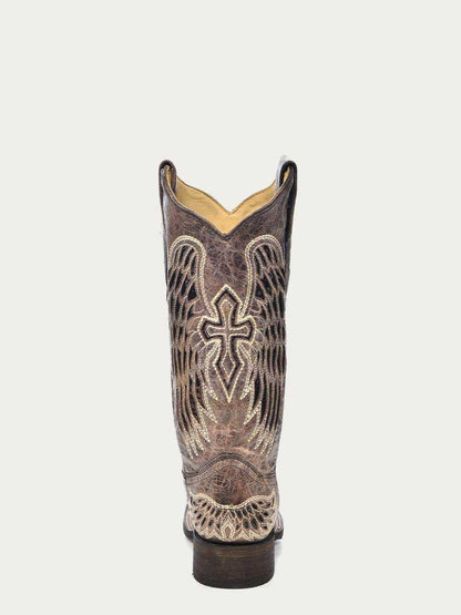 Women's Corral Brown Genuine Leather Boots with Black Wing & Cross, embroidered Western leather boot with sequin details