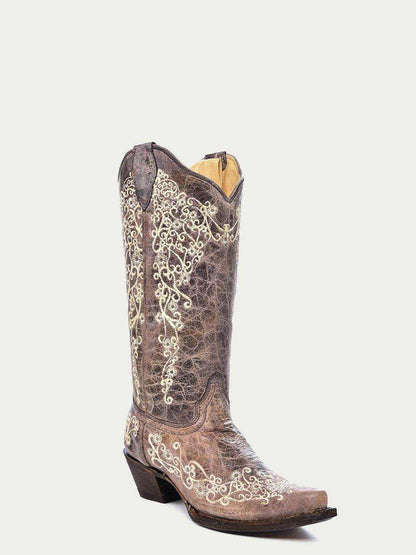 Women's Corral Brown Genuine Leather Boots with Crater Bone, distressed leather with ornate cream floral embroidery and snip toe