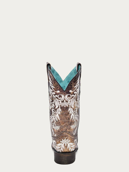 Women's Corral Brown Genuine Leather Boots with Embroidery, featuring brown leather, white floral embroidery, and pull-on straps