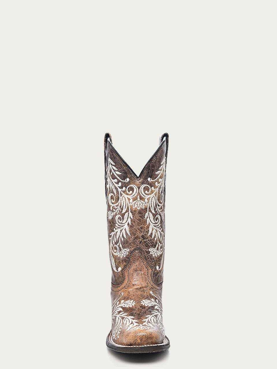 Women's Corral Brown Genuine Leather Boots with Embroidery featuring brown leather with ivory floral embroidery and square toe design