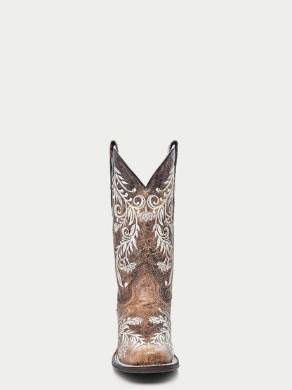 Women's Corral Brown Genuine Leather Boots with Embroidery featuring brown leather with ivory floral embroidery and square toe design