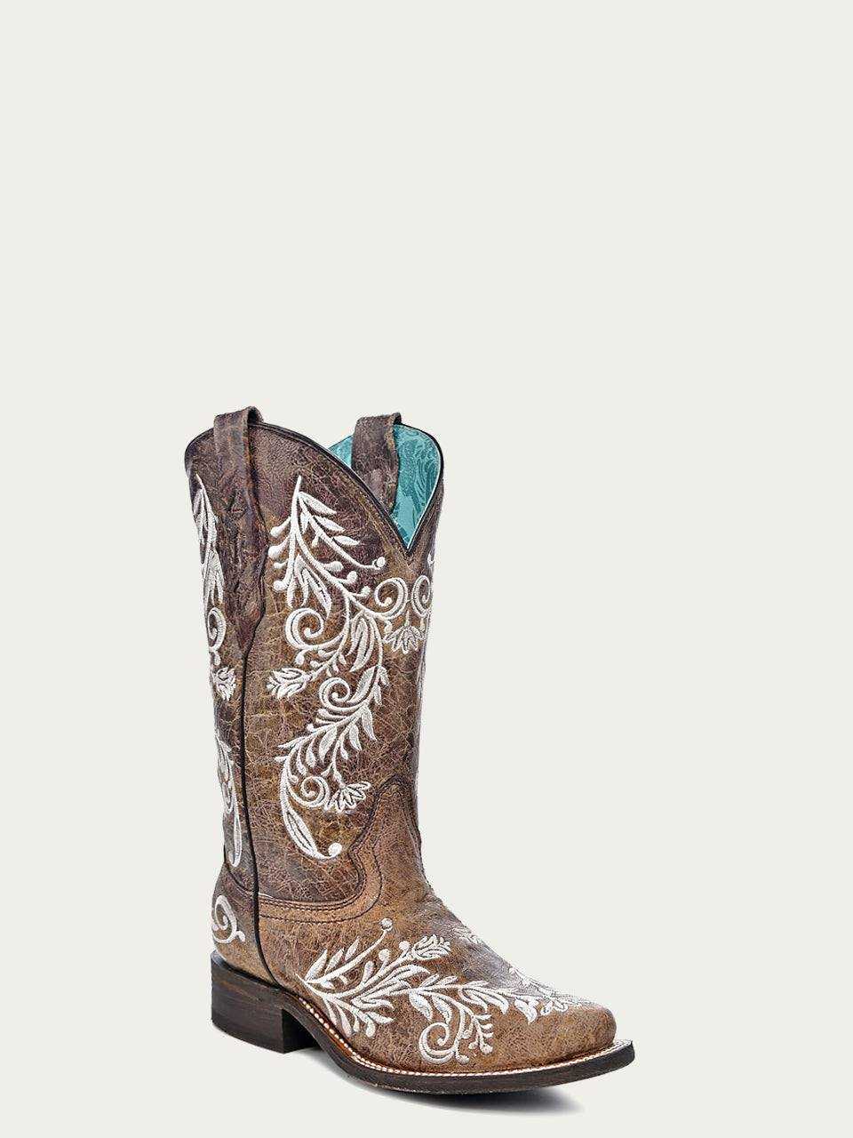 Women's Corral Brown Genuine Leather Boots with Embroidery featuring rich brown leather, ivory floral glow-in-the-dark embroidery, square toe, 12-inch shaft, and pull-on straps