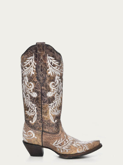 Women's Corral Brown Genuine Leather Boots with Embroidery, distressed brown leather with ivory feathered floral glow-in-the-dark embroidery, 13-inch shaft and snip toe