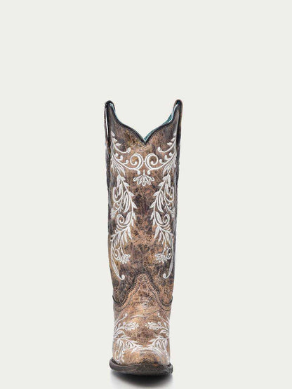 Women's Corral Brown Genuine Leather Boots with Embroidery featuring distressed brown leather and ivory glow-in-the-dark feathered floral design