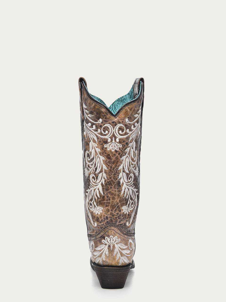 Women's Corral Brown Genuine Leather Boots with Embroidery featuring distressed brown leather and intricate ivory floral embroidery with glow-in-the-dark thread
