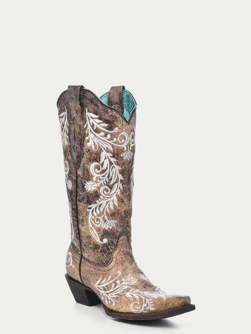 Women's Corral Brown Genuine Leather Boots with Embroidery featuring distressed brown leather and intricate ivory floral stitching