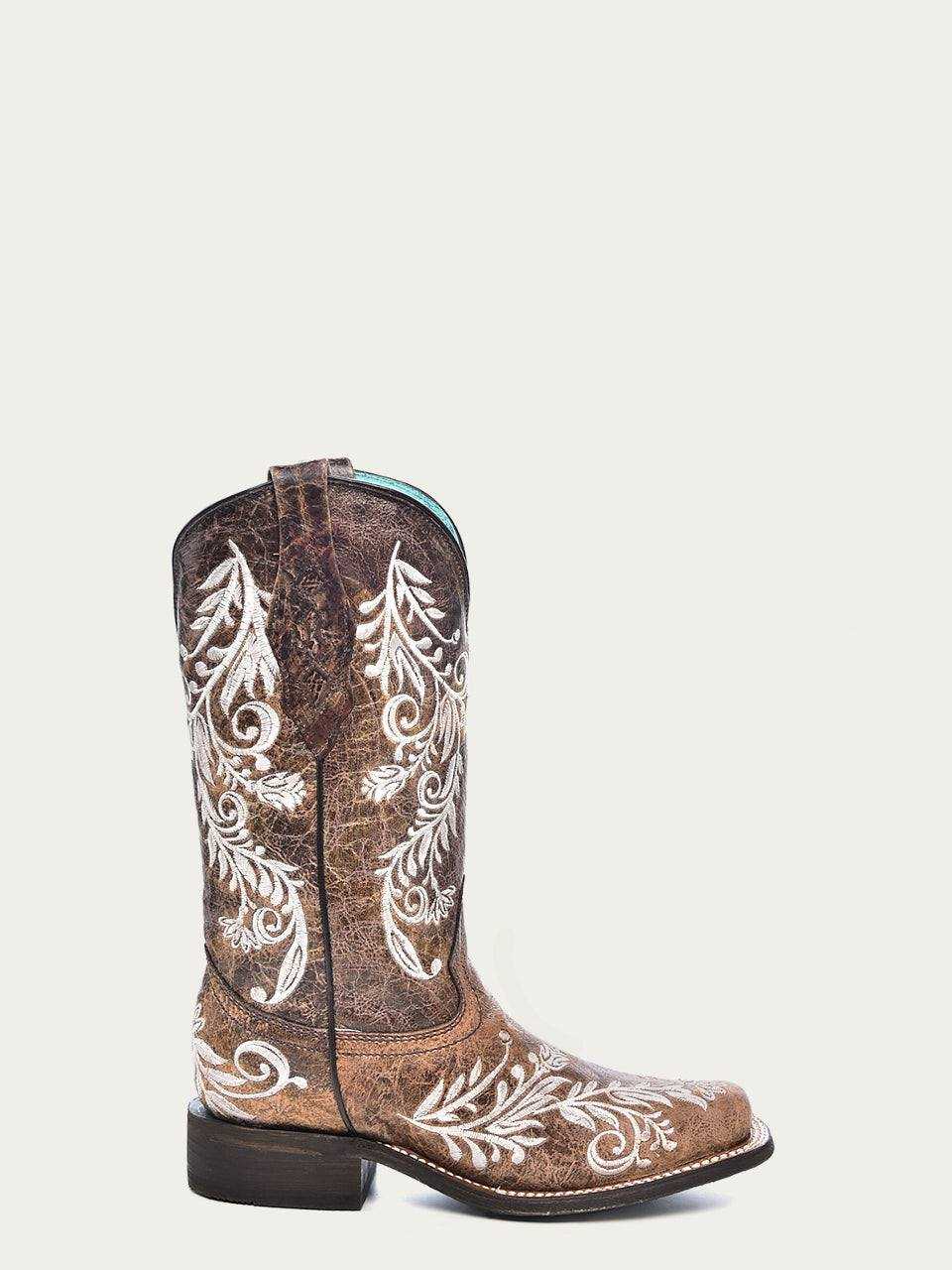 Women's Corral Brown Genuine Leather Boots with Embroidery featuring white feathered floral patterns and pull-on straps