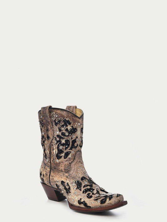Women's Corral Brown Genuine Leather Boots with Inlay featuring brown leather, floral embroidery, black glitter inlays, metallic studs, and crystals