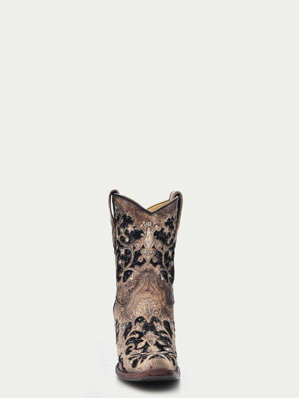 Women's Corral Brown Genuine Leather Boots with Inlay featuring floral embroidery, glitter accents, studs, and crystals on an 8-inch shaft