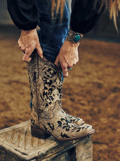Women's Corral Brown Genuine Leather Boots with Inlay & Flowered embroidery featuring black glitter inlays, studs, and crystals on tall leather shaft