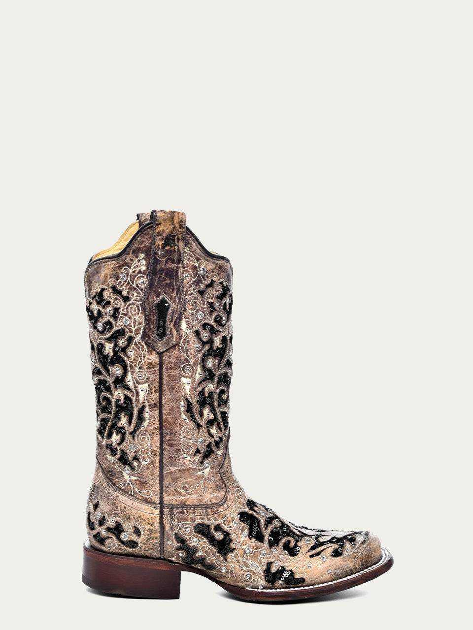 Women's Corral Brown Genuine Leather Boots with Inlay & Flowered embroidery and studded accents, square toe, 11.5-inch shaft
