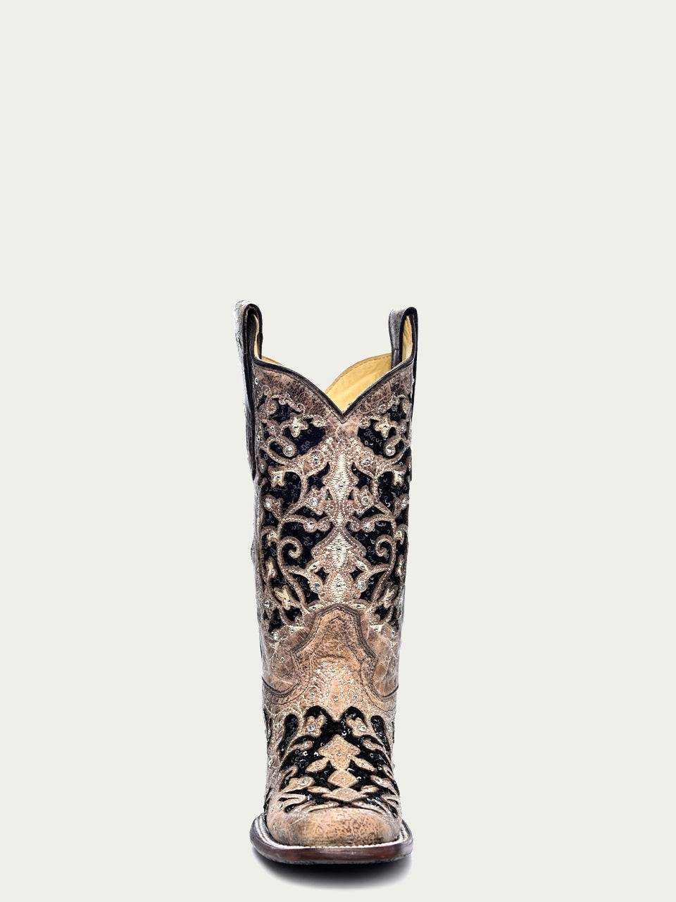 Women's Corral Brown Genuine Leather Boots with Inlay & Flowered detailed with black glitter inlays, floral embroidery, studs, and crystals