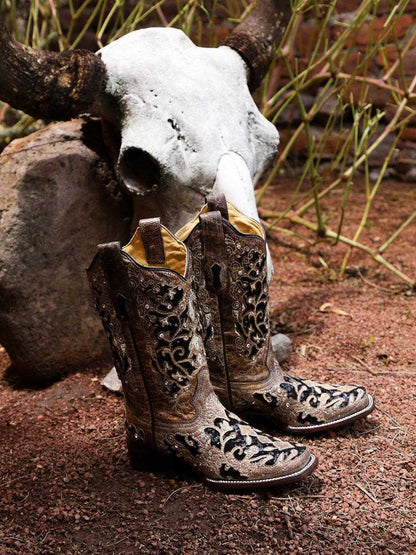 Women's Corral Brown Genuine Leather Boots with Inlay & Flowered embroidery, studs, and black glitter inlay on a square toe design