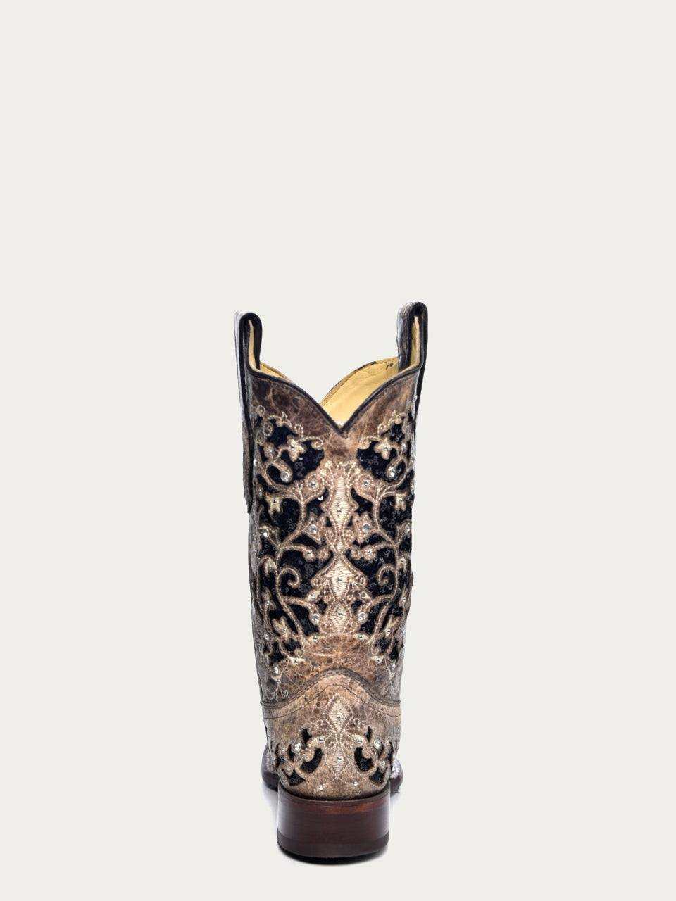 Women's Corral Brown Genuine Leather Boots with Inlay & Flowered detailed with black glitter inlays, floral embroidery, studs, and crystals