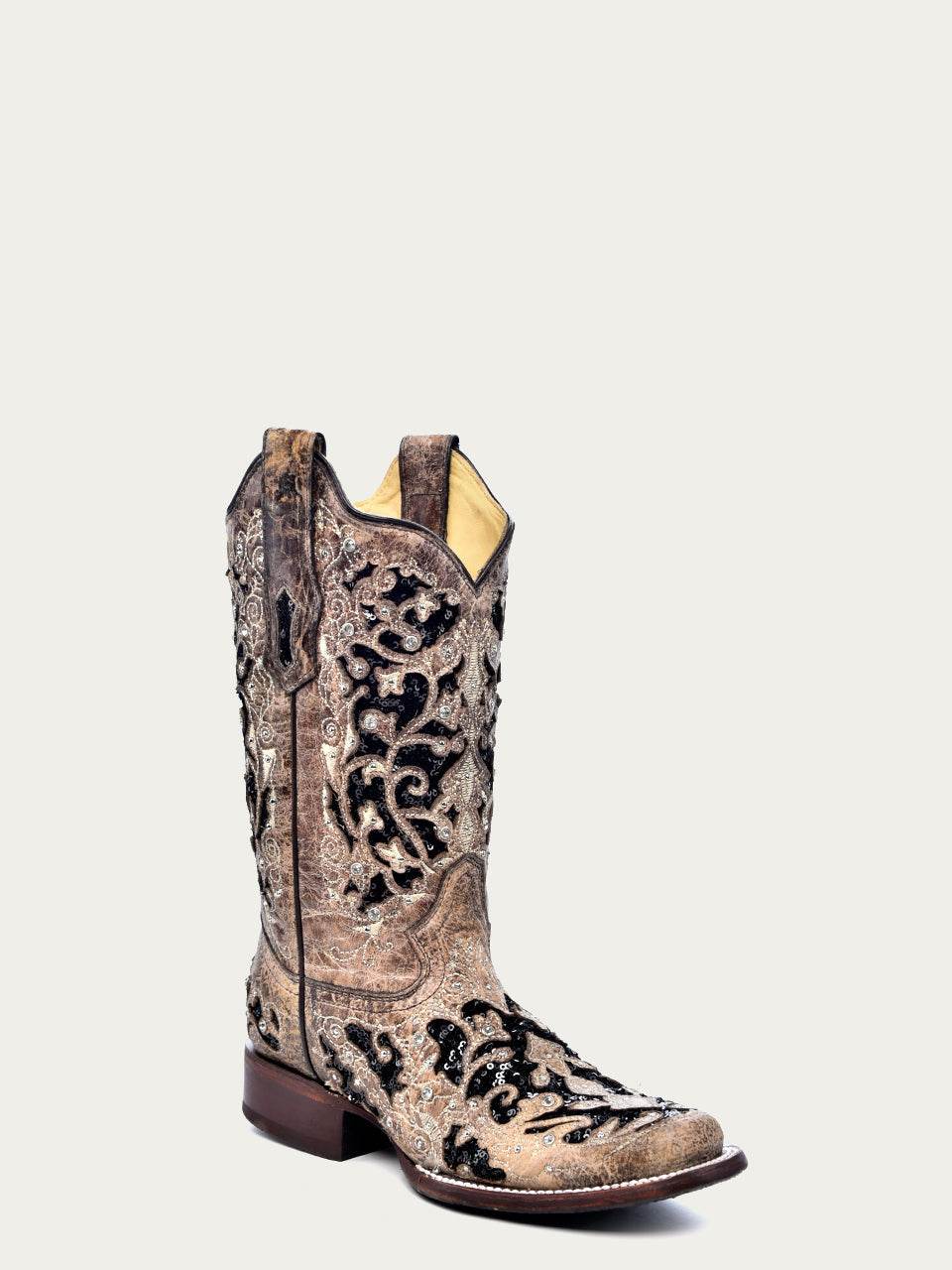 Women's Corral Brown Genuine Leather Boots with Inlay & Flowered Embroidery & Studs & Crystals