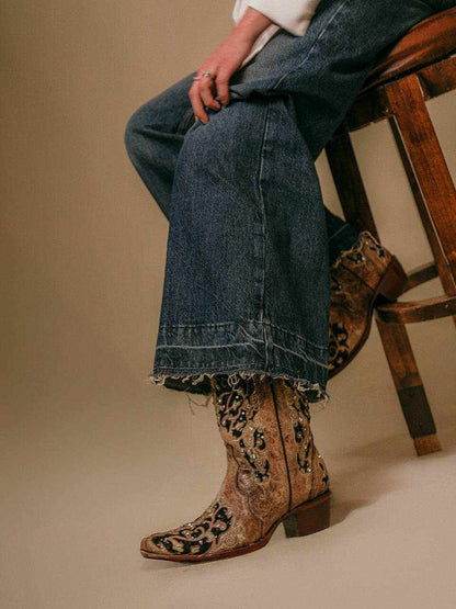 Women's Corral Brown Leather Boots with intricate black glitter inlay, floral embroidery, studs, and crystals on a 13-inch shaft