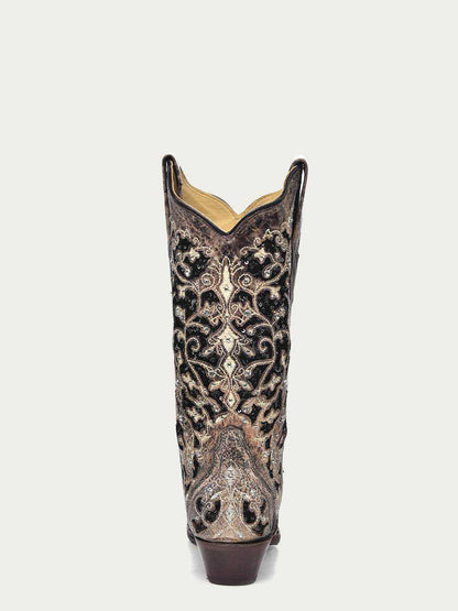 Women's Corral Brown Leather Boots with black glitter inlays, floral embroidery, metallic studs, and crystals on 13-inch shaft