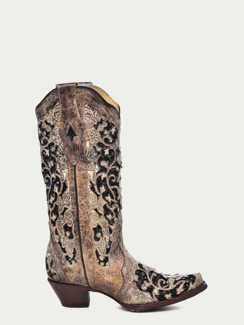 Women's Corral Brown Leather Boots featuring black glitter inlay, floral embroidery, crystals, studs, snip toe, and 13-inch shaft