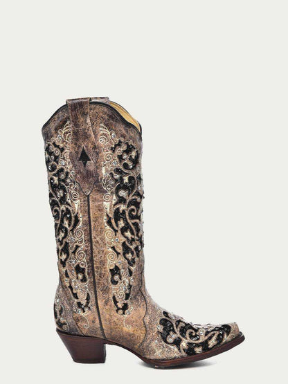 Women's Corral Brown Leather Boots featuring black glitter inlay, floral embroidery, crystals, studs, snip toe, and 13-inch shaft